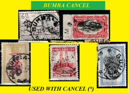 1937 + (°) BUMBA BELGIAN CONGO / CONGO BELGE CANCEL STUDY [6] COB 202+PA08+290+287+313 FIVE ROUND CANCELS - Plaatfouten En Curiosa