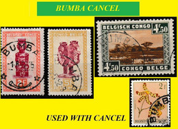 1937 + (°) BUMBA BELGIAN CONGO / CONGO BELGE CANCEL STUDY [7] COB 287 + 290 + 313 + 202 FOUR ROUND CANCELS - Variétés Et Curiosités