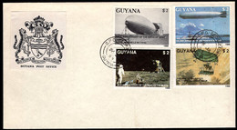 GUYANA(1988) Zeppelins. Horse Ascending In Balloon. Moon Landing. Unaddressed FDC With Cachet. Scott Nos 2007a-2008. - Guyana (1966-...)