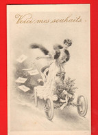 VAY-15 Bonne Année Voici Mes Souhaits. Jeune Femme Sur Une Voiture Circ. Sous Enveloppe 1904 Dos Blanc - Neujahr