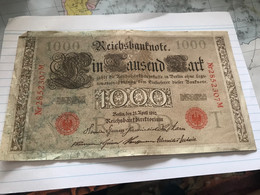 Banknote Reichsbank Deutsches Kaiserreich 1000 Mark Rotes Siegel 1910 - 1.000 Mark
