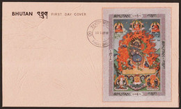 BHUTAN 1969 "Imperf" RELIGIOUS THANKA PAINTINGS BUDHA - SILK CLOTH Unique 3v Stamps "Imperf" SS On FDC, As Per Scan - Bouddhisme