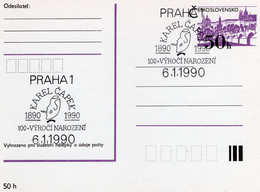 Correspondence Card - Promotional Occasional Postmark - Karel Čapek - 100th Anniversary Of Birth - Czechoslovakia - Ecrivains