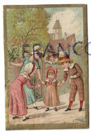 3 Enfants Belle-époque Apprennent à Une Petite Fille à Marcher. Papier Cartonné Doré - Kinderen