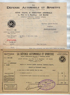 VP21.594 - 1930 / 35 - Quittance Et Lettre De La Sté D'Assurances ¨ La Défense Automobile Et Sportive ¨ à LE MANS - Bank En Verzekering