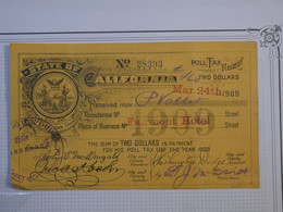 BN8 ETATS UNIS RECU STATE OF CALIFORNIA 1909  TWO DOLLARS +WASHINGTON+ - Da Identificare