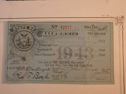 BN8 ETATS UNIS RECU RECEIPT  STATE OF CALIFORNIA 1913  TWO DOLLARS +WASHINGTON+ - Unidentified