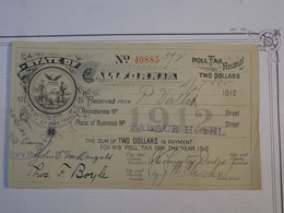 BN8 ETATS UNIS RECU RECEIPT . STATE OF CALIFORNIA 1912  TWO DOLLARS +WASHINGTON+ - A Identificar