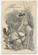 458 - Joyeuses Pâques - Jeune Dame - Coq Et Poussins - Pasqua