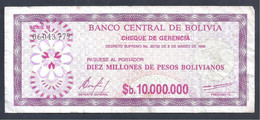 Bolivia – Banco Central Cheque De Gerencia $b 10.000.000 – Año 1985 - Bolivia