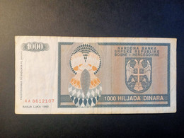 BOSNIA & HERZEGOVINA - SERBIAN REPUBLIC 1000 DINARA 1992 P 137 USADO USED - Bosnie-Herzegovine