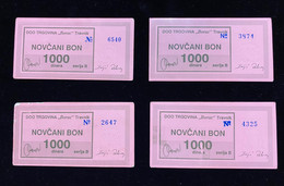 Bosnia - Four Vouchers Of 1000 Dinars, Different Types Of Serial Numbers, Stamp Number 1, Company Borac - Town Travnik - Bosnie-Herzegovine