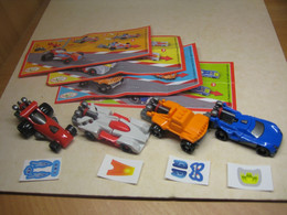 2013 Ferrero - Kinder Surprise - FT046, FT047, FT048 & FT049 - Sprinty- Race Cars With Launcher - Complete Set + 4 BPZ's - Monoblocchi