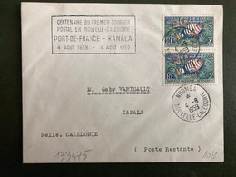 LETTRE TP POISSON 3F Paire OBL.4-8 1959 NOUMEA + CENTENAIRE DU PREMIER COURRIER POSTAL EN NOUVELLE CALEDONIE - Storia Postale