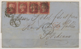 GB 1860 QV 1d Stars (strip Of Four: LB-LE, VARIETIES: Red Dots In Lettering Of LC-LD, R!) Tied By Duplex LIVERPOOL / 466 - Briefe U. Dokumente