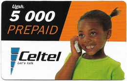 Uganda - Celtel - Young Girl At The Phone (Reverse Without Barcodes), GSM Refill 5.000Ush, Used - Uganda