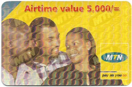 Uganda - MTN - 3 People, (Diagonal Transpar. ''MTN Hello The Future'' On Front, Normal Back) GSM Refill 5.000Ush, Used - Uganda