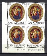 San Marino 1974, Christmas Weihnachten Kerstmis Noel Navidad Natale Madonna **, MNH, Block Of 4, Corner-Margin - Ungebraucht