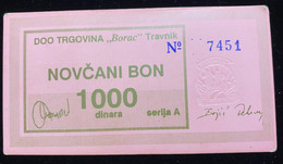 Bosnia - Voucher Of 1000 Dinars, No Number On The Stamp, Company Borac - Town Travnik - Bosnia Erzegovina