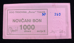 Bosnia - Voucher Of 1000 Dinars, Error In The Serial Number, Company Borac - Town Travnik - Bosnia Erzegovina