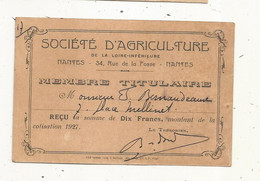 Carte De Membre Titulaire , SOCIETE D'AGRICULTURE,  NANTES,  1927 - Cartes De Membre