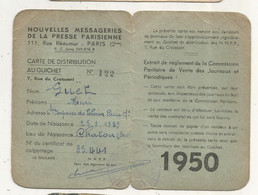 Carte De Distribution Au Guichet, NOUVELLES MESSAGERIES DE LA PRESSE PARISIENNE,1950 ,  2 Scans - Non Classés