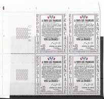 DE GAULLE APPEL A TOUS LES FRANCAIS, BLOC DE 4 NUMEROTE BORDS DE FEUILLE SANS CHARNIERE EN TB ETAT, 1964 A VOIR - Unused Stamps