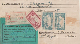 1939 - SENEGAL - CARTE RECOMMANDEE COLIS De CAFE SOUMIS à La DOUANE De DAKAR => PARIS - Briefe U. Dokumente