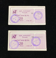 Bosnia, Two Vouchers Of 20 Dinars, AUNC, Company DTP "Novitet" City Of Travnik - Bosnie-Herzegovine