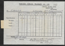 United Kingdom Marconi College Hostel Chelmsford Marconi's Wreless Telegraph Co. Receipt 1948 Royaume Uni Reçu - Reino Unido