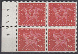 BRD  334, 4erBlock Mit Bogenzählnummer Auf Rand, Postfrisch **, Olympische Sommerspiele Rom, 1960 - Unused Stamps