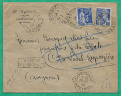 N°368 + 407 MIXTE PAIX MERCURE ST SERNIN SUR RANCE AVEYRON POUR LAVAL ROQUECEZIERE REEXP LAVERDOLLE GRIFFE FACTEUR 1940 - 1938-42 Mercurius