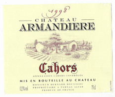 CHATEAU ARMANDIERE 1998 CAHORS - MISE EN BOUTEILLE AU  CHATEAU A PARNAC LOT, VOIR LE SCANNER - Cahors