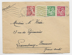 FRANCE IRIS MERCURE ARC TRIOMPHE LETTRE CHAUMONT 2 OCT 1945  POUR LUXEMBOURG TARIF SPECIAL RELATIONS 2EME - 1939-44 Iris