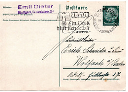 56903 - Deutsches Reich - 1939 - 6Pfg Hindenburg GAKte STUTTGART - WHW EIN VOLK HILFT SICH SELBST -> Wolfach - Lettres & Documents