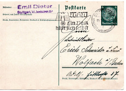 56903 - Deutsches Reich - 1939 - 6Pfg Hindenburg GAKte STUTTGART - WHW EIN VOLK HILFT SICH SELBST -> Wolfach - Cartas & Documentos