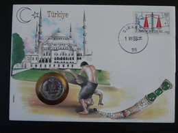 Lettre Avec Pièce 10L Cover With Coin Numisbrief Lutte Wrestling Turquie 1988 - Cartas & Documentos