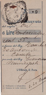 13/6/1905 - Ricevuta Di Vaglia Postale Da 305,55 Lire Da Bari A Caserta - Tondo Riquadrato Bari (Piazza Massari) [6Pt] - Taxe Pour Mandats
