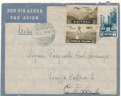 1939 COLONIE ITALIANE ERITREA MISTA CON SOMALIA GEMELLI 0,50 PA + 1 LIRA ERITREA ADDIS ABEBA X COMO - Eritrée