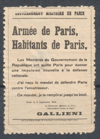 France PARIS MAJOR WAR WW1 Declaration Propaganda Poster 1914 - LABEL CINDERELLA VIGNETTE - MH - Ongebruikt