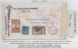 OAT 1943 CANADA Meter Postage EMA Air Mail Cover > SWEDEN US Censor EXAMINED DB/C 246 Censortape From TORONTO - Cartas & Documentos
