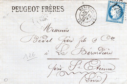 L.S.C. De Peugeot Hérimoncourt Pour Saint-Etienne - Tàd Type 17  19 Juin 1875 - GC N° 1790 Sur TP N° 60 Ambulant Au Dos - 1849-1876: Classic Period