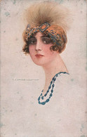 Illustrateur - Corbella - Femme Avec Un Turban A Plume Jaune Et Collier De Perle Bleu - Carte Postale Ancienne - Corbella, T.