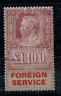 Ref 1596 -  GB Used Fiscal Revenue Stamp - KGVI £1.10,0 Foreign Service - Steuermarken