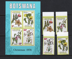 BOTSWANA -  1974-  CHRISTMAS  FLOWERS SET OF 4 + SOUVENIR SHEET MINT NEVER HINGED - Botswana (1966-...)