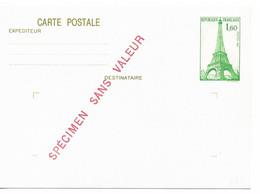 PM191/ Entier CP TOUR EIFFEL  SPECIMEN SANS VALEUR MINT - Standaardpostkaarten En TSC (Voor 1995)