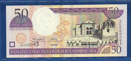 DOMINICAN REPUBLIC - P.161 – 50 Pesos Oro 2000 UNC, Serie AE 000083, Low Serial Number - Dominicana