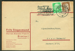 DR 1942 Breslau Schlesien = Wrozlaw Slask Firmenschmuckumschlag Nur Vorderseite Bedarf O ENERGIESPAREN> Graz Österreich - Covers & Documents