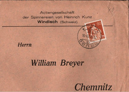 ! 1922 Brief, Schweiz Aus Windisch, Stempel Brugg Nach Chemnitz, Spinnerei - Covers & Documents