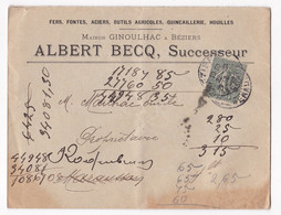 Enveloppe 1903 Maison GINOULHAC  - Albert BECQ Successeur , Béziers Hérault - Cartas & Documentos